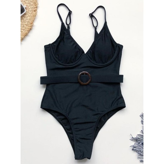 Solid Color Belted Embellished One-Piece Swimwear Solid Color Belted Embellished One-Piece Swimwear