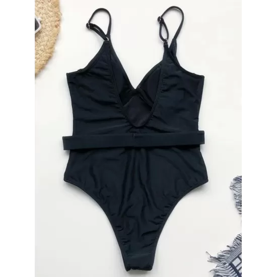 Solid Color Belted Embellished One-Piece Swimwear Solid Color Belted Embellished One-Piece Swimwear