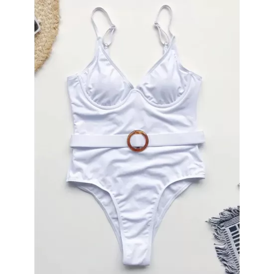 Solid Color Belted Embellished One-Piece Swimwear Solid Color Belted Embellished One-Piece Swimwear
