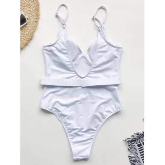 Solid Color Belted Embellished One-Piece Swimwear Solid Color Belted Embellished One-Piece Swimwear