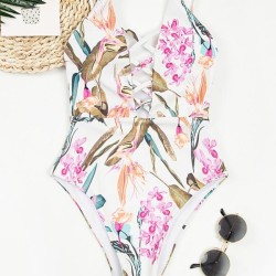 Floral-Print Bandage Hollow Split Bikini Swimsuit