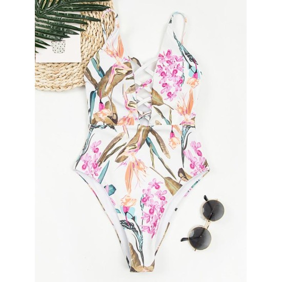Floral-Print Bandage Hollow Split Bikini Swimsuit Floral-Print Bandage Hollow Split Bikini Swimsuit