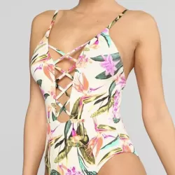 Floral-Print Bandage Hollow Split Bikini Swimsuit