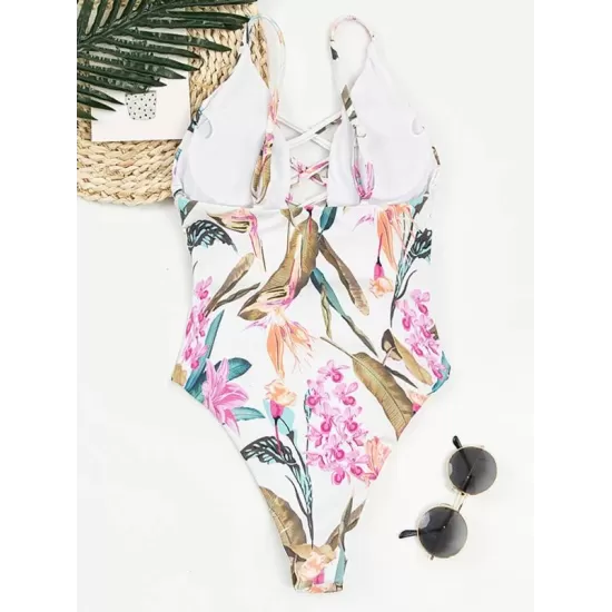 Floral-Print Bandage Hollow Split Bikini Swimsuit Floral-Print Bandage Hollow Split Bikini Swimsuit