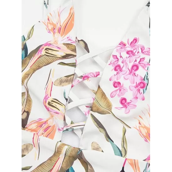 Floral-Print Bandage Hollow Split Bikini Swimsuit Floral-Print Bandage Hollow Split Bikini Swimsuit