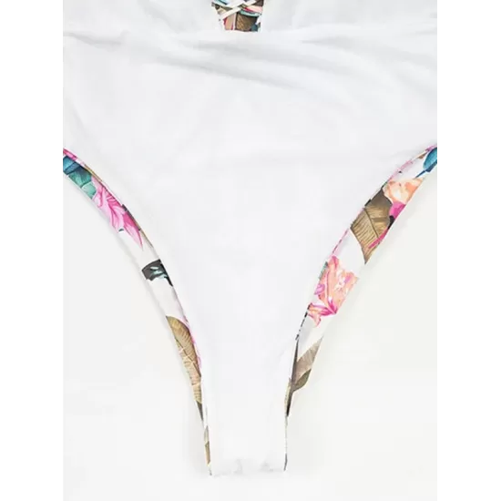 Floral-Print Bandage Hollow Split Bikini Swimsuit Floral-Print Bandage Hollow Split Bikini Swimsuit