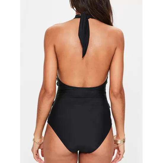 Solid Color Tasseled Hollow Split-Join One-Piece Swimwear Solid Color Tasseled Hollow Split-Join One-Piece Swimwear