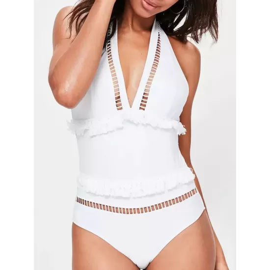 Solid Color Tasseled Hollow Split-Join One-Piece Swimwear Solid Color Tasseled Hollow Split-Join One-Piece Swimwear