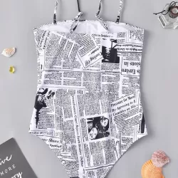 Newspaper-Print One-Piece Swimwear