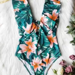 Floral Falbala Backless  One-Piece Swimsuit
