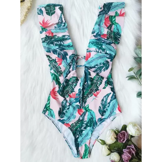 Floral Falbala Backless One-Piece Swimsuit Floral Falbala Backless One-Piece Swimsuit