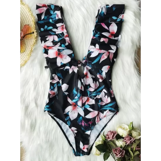 Floral Falbala Backless One-Piece Swimsuit Floral Falbala Backless One-Piece Swimsuit