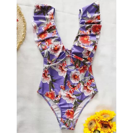 Floral Falbala Backless One-Piece Swimsuit Floral Falbala Backless One-Piece Swimsuit