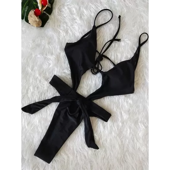 Hollow Sexy Bandage Solid One-Piece Swimwear Hollow Sexy Bandage Solid One-Piece Swimwear
