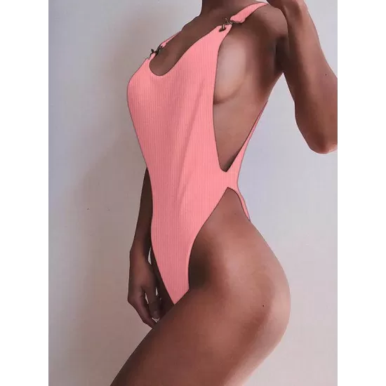 Ribbed Plain Wide Strap One-Piece Swimsuit Ribbed Plain Wide Strap One-Piece Swimsuit