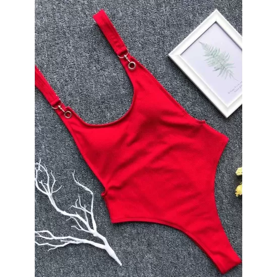 Ribbed Plain Wide Strap One-Piece Swimsuit Ribbed Plain Wide Strap One-Piece Swimsuit