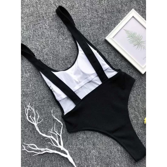 Ribbed Plain Wide Strap One-Piece Swimsuit Ribbed Plain Wide Strap One-Piece Swimsuit