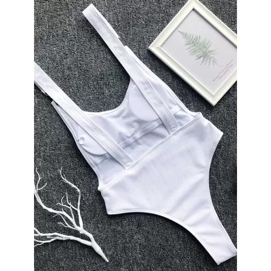 Ribbed Plain Wide Strap One-Piece Swimsuit Ribbed Plain Wide Strap One-Piece Swimsuit