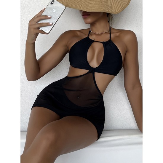 Solid Color Hollow See-Through One-Piece Swimwear Solid Color Hollow See-Through One-Piece Swimwear