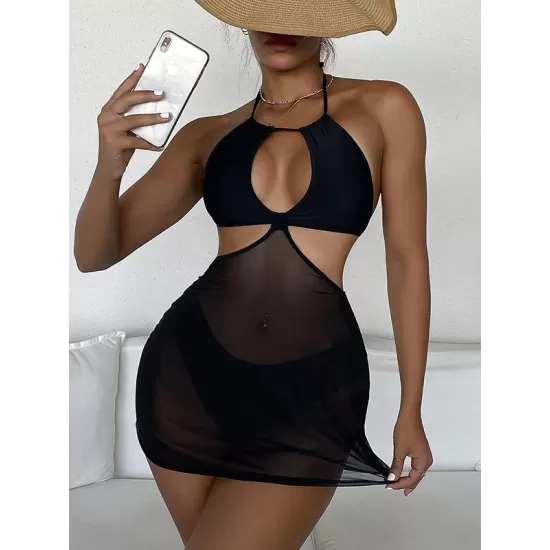 Solid Color Hollow See-Through One-Piece Swimwear Solid Color Hollow See-Through One-Piece Swimwear
