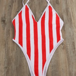 Sexy Striped Spaghetti-Neck One-Piece Bikini Swimsuit