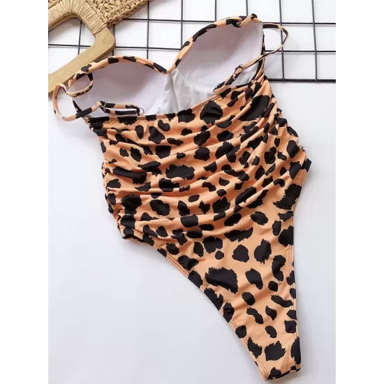 Padded Backless Leopard Spaghetti-Neck One-Piece Swimwear Padded Backless Leopard Spaghetti-Neck One-Piece Swimwear