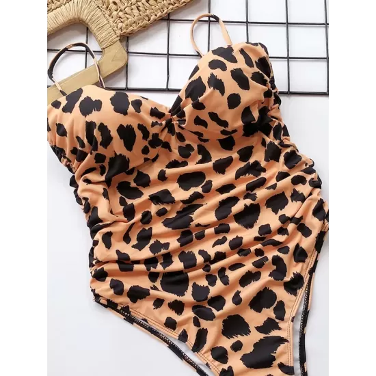 Padded Backless Leopard Spaghetti-Neck One-Piece Swimwear Padded Backless Leopard Spaghetti-Neck One-Piece Swimwear