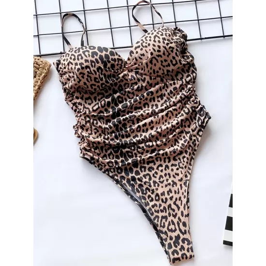 Padded Backless Leopard Spaghetti-Neck One-Piece Swimwear Padded Backless Leopard Spaghetti-Neck One-Piece Swimwear