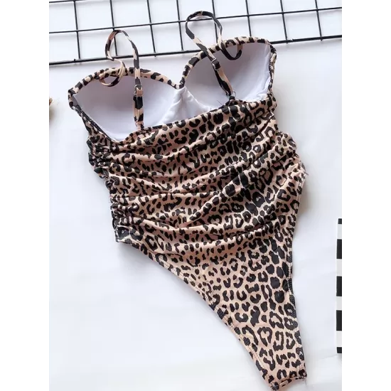 Padded Backless Leopard Spaghetti-Neck One-Piece Swimwear Padded Backless Leopard Spaghetti-Neck One-Piece Swimwear