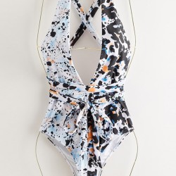 Deep V-Neck Leopard Double Color Split-Joint Bandage One-Piece Swimwear