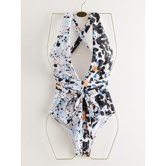 Deep V-Neck Leopard Double Color Split-Joint Bandage One-Piece Swimwear Deep V-Neck Leopard Double Color Split-Joint Bandage One-Piece Swimwear