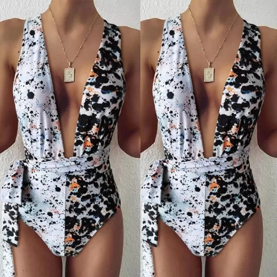 Deep V-Neck Leopard Double Color Split-Joint Bandage One-Piece Swimwear Deep V-Neck Leopard Double Color Split-Joint Bandage One-Piece Swimwear