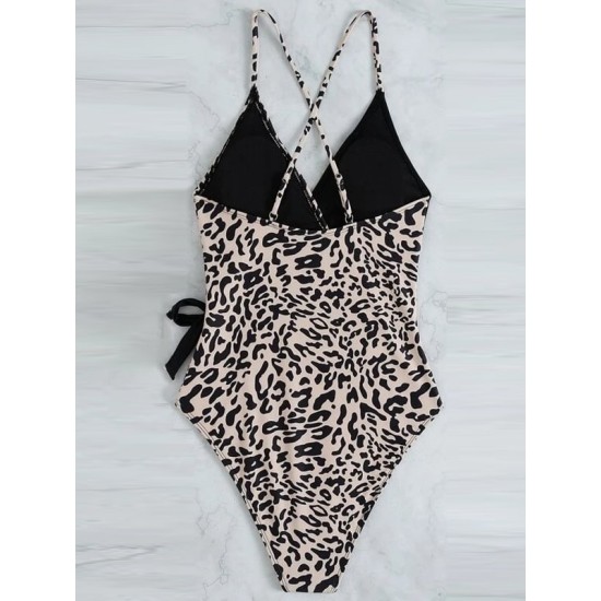 Contrast Color Leopard Tie Side One-Piece Swimsuit Contrast Color Leopard Tie Side One-Piece Swimsuit