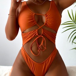 Brown Drawstring Tied One-Piece Swimsuit