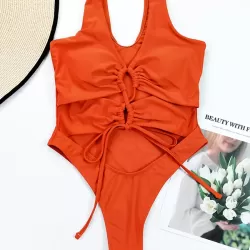 Brown Drawstring Tied One-Piece Swimsuit