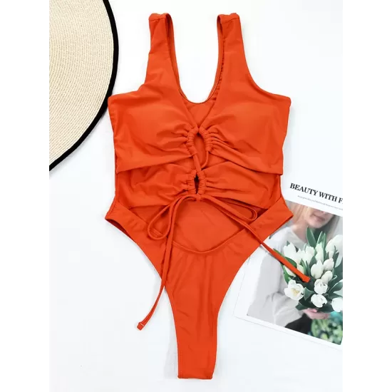 Brown Drawstring Tied One-Piece Swimsuit Brown Drawstring Tied One-Piece Swimsuit