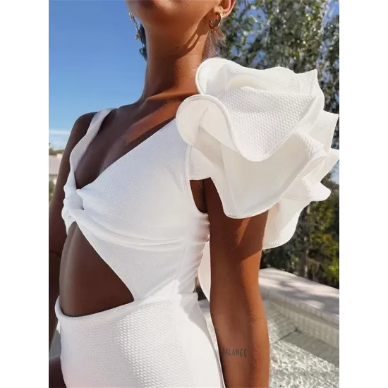 Solid Color Hollow Falbala Backless One-Piece Swimsuit Solid Color Hollow Falbala Backless One-Piece Swimsuit