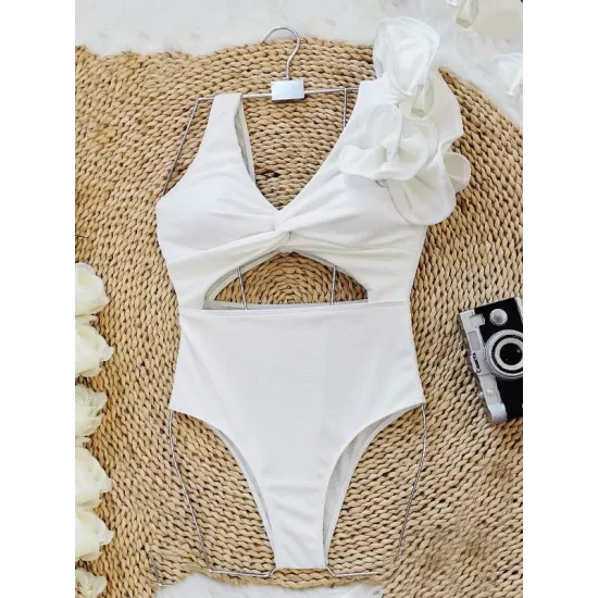 Solid Color Hollow Falbala Backless One-Piece Swimsuit Solid Color Hollow Falbala Backless One-Piece Swimsuit