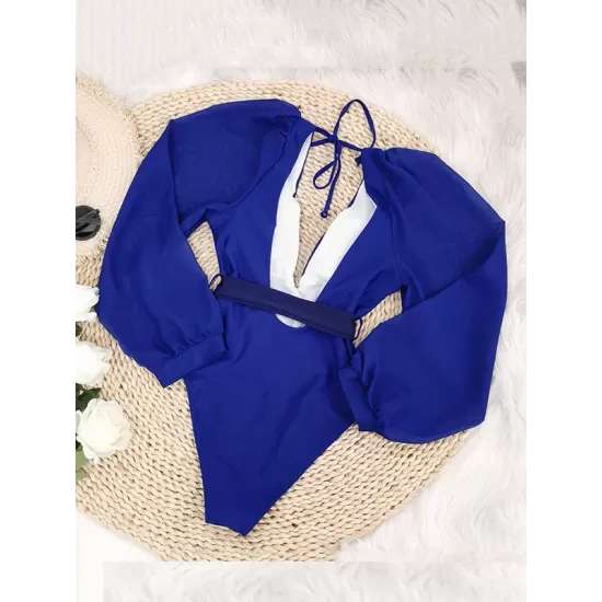 Gauze Long Sleeves Solid Color Backless Deep V-Neck One-Piece Swimsuit Gauze Long Sleeves Solid Color Backless Deep V-Neck One-Piece Swimsuit