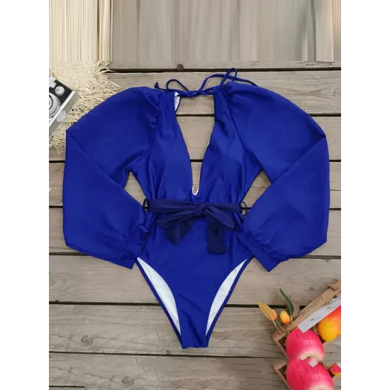 Gauze Long Sleeves Solid Color Backless Deep V-Neck One-Piece Swimsuit Gauze Long Sleeves Solid Color Backless Deep V-Neck One-Piece Swimsuit