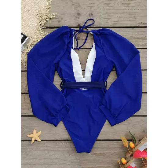Gauze Long Sleeves Solid Color Backless Deep V-Neck One-Piece Swimsuit Gauze Long Sleeves Solid Color Backless Deep V-Neck One-Piece Swimsuit