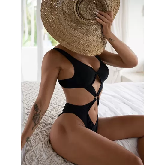 Solid Color Hollow One-Piece Swimwear Solid Color Hollow One-Piece Swimwear