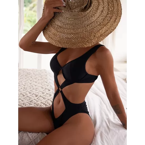 Solid Color Hollow One-Piece Swimwear Solid Color Hollow One-Piece Swimwear
