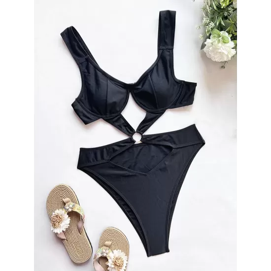 Solid Color Hollow One-Piece Swimwear Solid Color Hollow One-Piece Swimwear