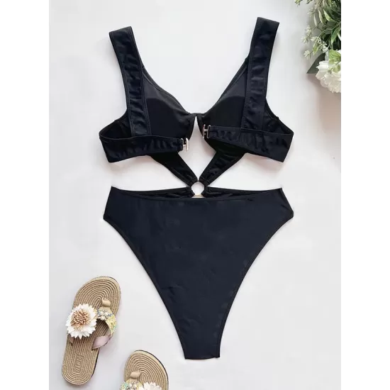 Solid Color Hollow One-Piece Swimwear Solid Color Hollow One-Piece Swimwear