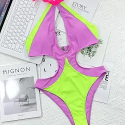Fluorescent Contrast Color Split-Joint Hollow One-Piece Swimsuit