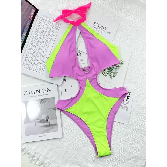 Fluorescent Contrast Color Split-Joint Hollow One-Piece Swimsuit Fluorescent Contrast Color Split-Joint Hollow One-Piece Swimsuit