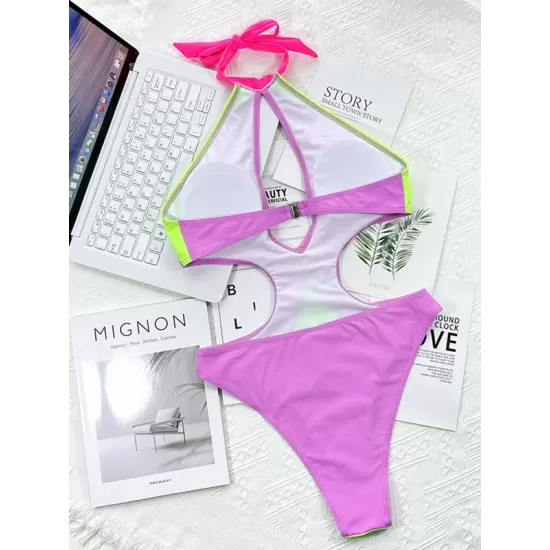 Fluorescent Contrast Color Split-Joint Hollow One-Piece Swimsuit Fluorescent Contrast Color Split-Joint Hollow One-Piece Swimsuit