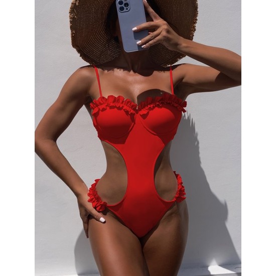 Beach Padded Hollow Falbala Spaghetti-Neck One-Piece Swimwear Beach Padded Hollow Falbala Spaghetti-Neck One-Piece Swimwear