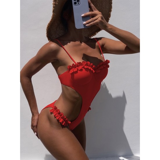 Beach Padded Hollow Falbala Spaghetti-Neck One-Piece Swimwear Beach Padded Hollow Falbala Spaghetti-Neck One-Piece Swimwear